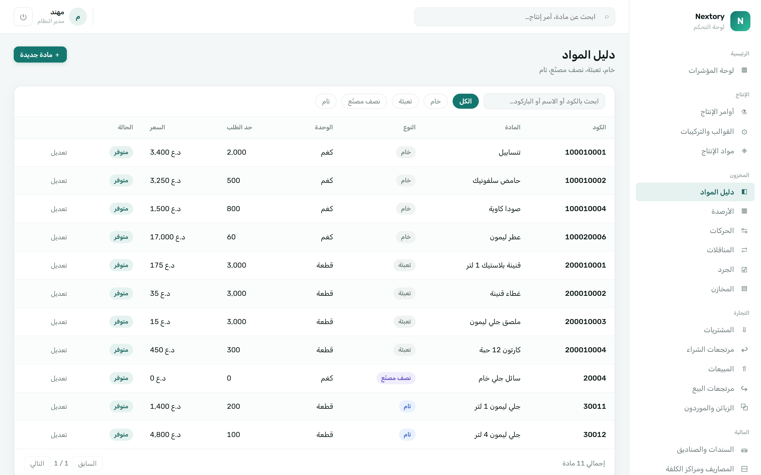 دليل المواد